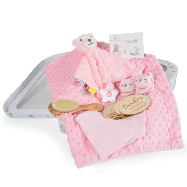 Set cadou Bebelusi din 6 Piese, Cangaroo Bearli Pink, ideal nou-nascut, botez, baby shower Set cadou Bebelusi din 6 Piese, Cangaroo Bearli Pink, ideal nou-nascut, botez, baby shower