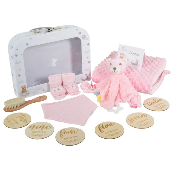 Set cadou Bebelusi din 6 Piese, Cangaroo Bearli Pink, ideal nou-nascut, botez, baby shower Set cadou Bebelusi din 6 Piese, Cangaroo Bearli Pink, ideal nou-nascut, botez, baby shower