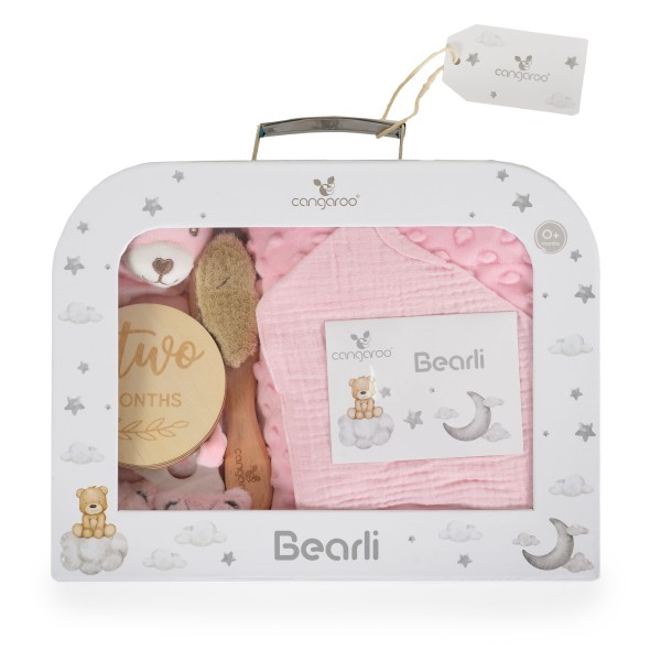 Set cadou Bebelusi din 6 Piese, Cangaroo Bearli Pink, ideal nou-nascut, botez, baby shower