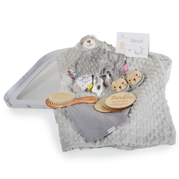 Set cadou Bebelusi din 6 Piese, Cangaroo Bearli Grey, ideal nou-nascut, botez, baby shower Set cadou Bebelusi din 6 Piese, Cangaroo Bearli Grey, ideal nou-nascut, botez, baby shower