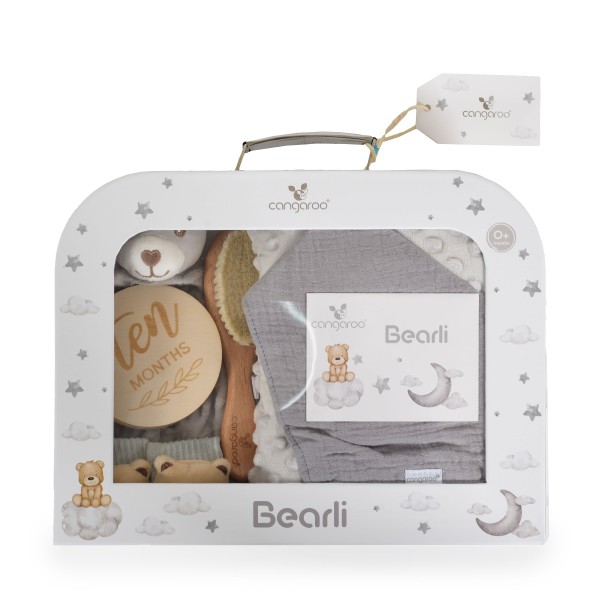 Set cadou Bebelusi din 6 Piese, Cangaroo Bearli Grey, ideal nou-nascut, botez, baby shower