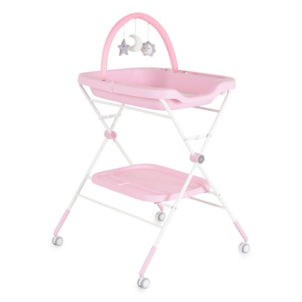 Masă de Înfășat Cangaroo Croco Pink – Pliabilă, cu Rafturi, Roți și Jucării, până la 15 kg