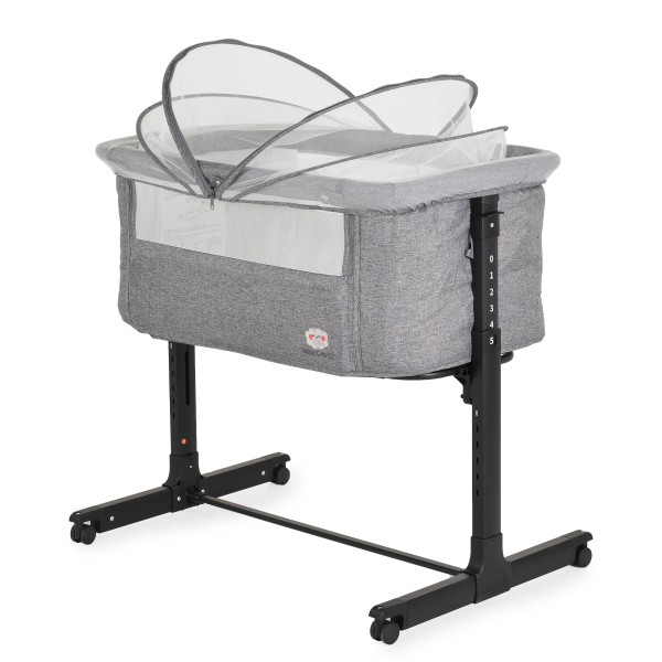 Patuț bebeluși co-sleeping Moni BSB02 Grey cu saltea, roți, plasă anti-insecte și laterală rabatabilă – 5 poziții