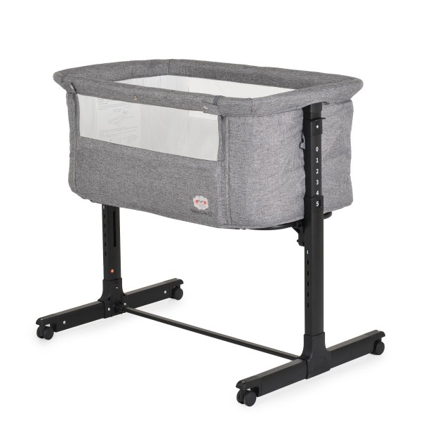 Patuț bebeluși co-sleeping Moni BSB02 Grey cu saltea, roți, plasă anti-insecte și laterală rabatabilă – 5 poziții