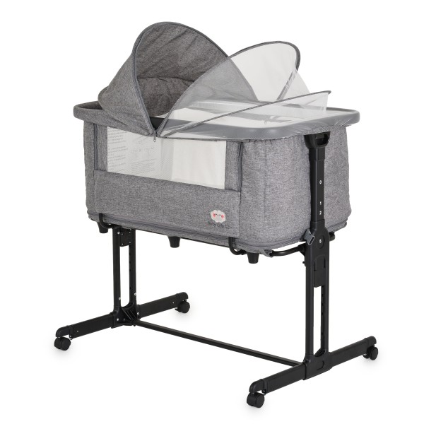 Patut bebelusi 2 în 1 cu optiune co-sleeping si tarc – Moni Grey cu roti, saltea si copertina cu plasa