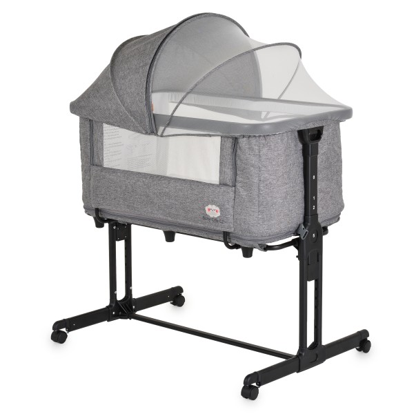 Patut bebelusi 2 în 1 cu optiune co-sleeping si tarc – Moni Grey cu roti, saltea si copertina cu plasa