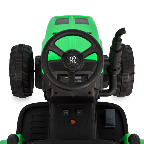 Tractor Electric Copii cu Remorcă Moni Dallas Verde – Doua motoare, Telecomandă, MP3/USB, Lumini și Sunete, 3+ Ani