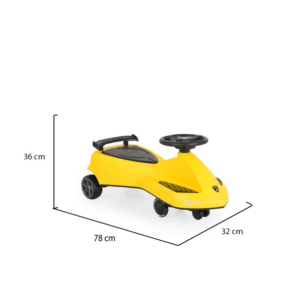 Masinuta fara pedale pentru copii, Lamborghini Swing Car Galben, Roti cu LED, efecte sonore si lumina, varsta recomandata 3+ Ani