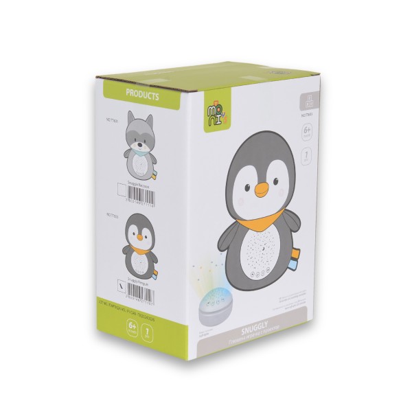 Lampa de noapte cu Proiector pentru copii, Moni Toys Snuggly Pinguin Gri, Functie muzicala, Oprire Automata