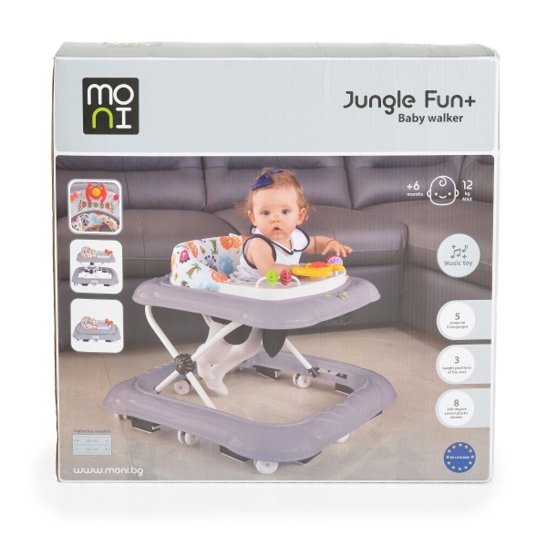 Premergator bebelusi Moni  Jungle fun + Albastru , scaun ajustabil pe 3 pozitii , Panou cu melodii si lumini