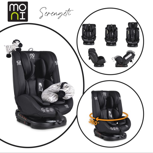 Scaun auto 0-36 kg cu isofix Moni Serengeti Zebra Negru, sezut rotativ 360° si pozitie de somn, varsta recomandata 0 - 12 ani