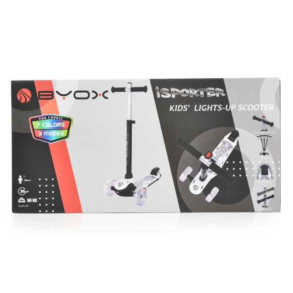 Trotineta cu Lumini pentru copii, Byox iSporter Negru Alb, Platforma si Ghidon cu 7 culori diferite LED, varsta 3+ Ani