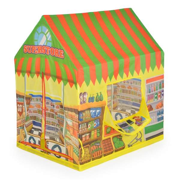 Casuta de Joaca pentru copii, Moni „Supermarket” Multicolor, Include 50 bile colorate, Dimensiune 93x69x103 cm, Varsta recomandata 3 Ani+