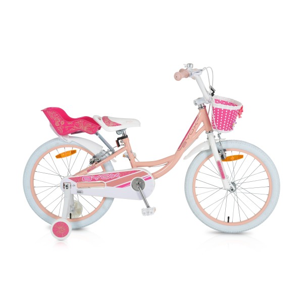 Bicicleta pentru Fetite Byox Fashion Girl Coral 20 inch, varsta 6-9 ani, Roti Ajutatoare si accesorii incluse