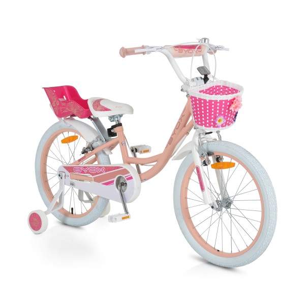 Bicicleta pentru Fetite Byox Fashion Girl Coral 20 inch, varsta 6-9 ani, Roti Ajutatoare si accesorii incluse