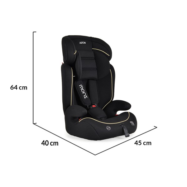 Scaun Auto 9-36 Kg, Moni Aston Negru Bej, Tetiera reglabila in 6 pozitii, Transformabil in Inaltator Auto