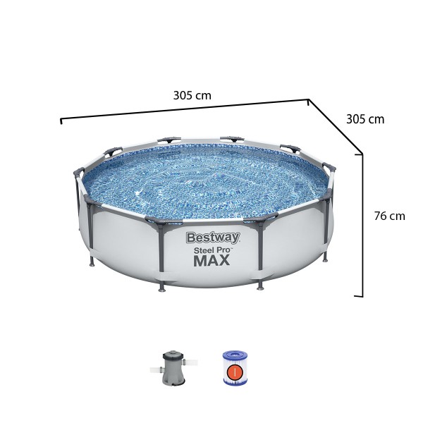 Piscina cu Pompa de Filtrare si Filtru Bestway Steel Pro, Cadru Metalic, Dimensiune 3.05m x 76cm