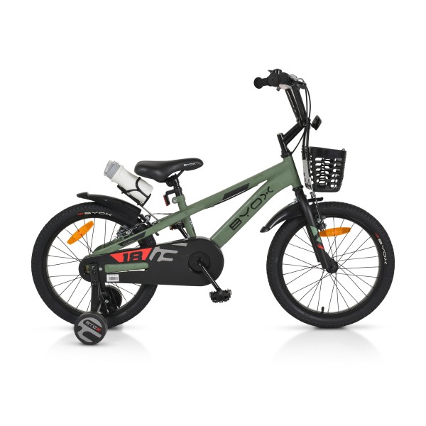 Bicicleta cu Roti Ajutatoare pentru Baieti, Byox Challenge Verde 18 Inch, Bidon Apa si Aparatoare noroi, Varsta recomandata 5-7 Ani