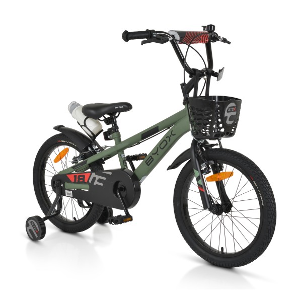 Bicicleta cu Roti Ajutatoare pentru Baieti, Byox Challenge Verde 18 Inch, Bidon Apa si Aparatoare noroi, Varsta recomandata 5-7 Ani