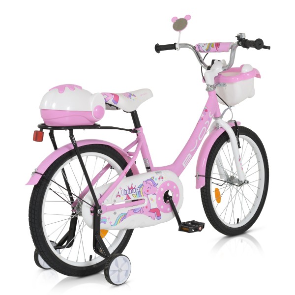 Bicicleta Fetite cu roti Ajutatoare, Byox Unicorn Roz, Varsta recomandata 6-10 ani, accesorii incluse