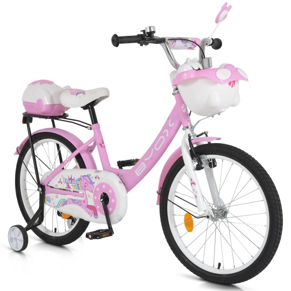 Bicicleta Fetite cu roti Ajutatoare, Byox Unicorn Roz, Varsta recomandata 6-10 ani, accesorii incluse