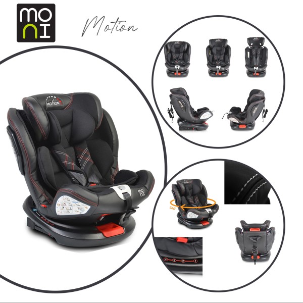 Scaun Auto 0-36 Kg Moni Motion Negru, Sezut Rotativ 360° si pozitie de somn, varsta recomandata 0-12 ani, Protectie impact Lateral SPS