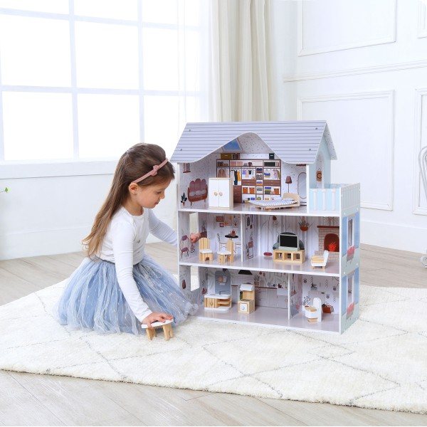 Casa de Papusi din Lemn, Moni Sarah Doll House cu 11 Piese de mobilier si 4 accesorii textile, Dimensiune 62x27x69,5 cm, Varsta recomandata 3 ani +