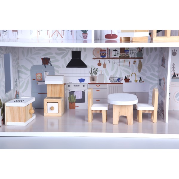 Casa de Papusi din Lemn, Moni Sarah Doll House cu 11 Piese de mobilier si 4 accesorii textile, Dimensiune 62x27x69,5 cm, Varsta recomandata 3 ani +