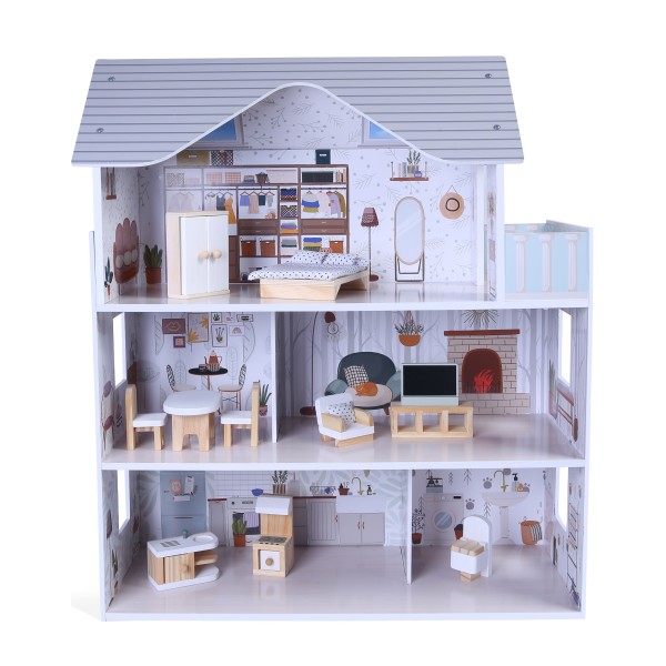 Casa de Papusi din Lemn, Moni Sarah Doll House cu 11 Piese de mobilier si 4 accesorii textile, Dimensiune 62x27x69,5 cm, Varsta recomandata 3 ani +