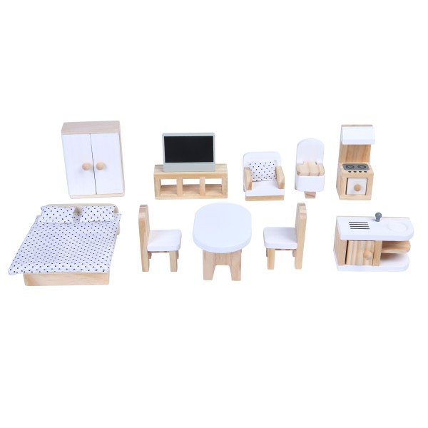 Casa de Papusi din Lemn, Moni Sarah Doll House cu 11 Piese de mobilier si 4 accesorii textile, Dimensiune 62x27x69,5 cm, Varsta recomandata 3 ani +