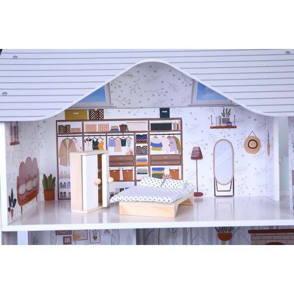 Casa de Papusi din Lemn, Moni Sarah Doll House cu 11 Piese de mobilier si 4 accesorii textile, Dimensiune 62x27x69,5 cm, Varsta recomandata 3 ani +