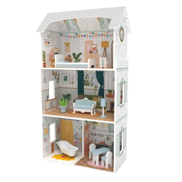 Casa de Papusi din Lemn, Moni Toys Colorat, 3 etaje, 9 piese de mobilier, Dimensiune 27x52x95 cm, Varsta recomandata 3 ani +