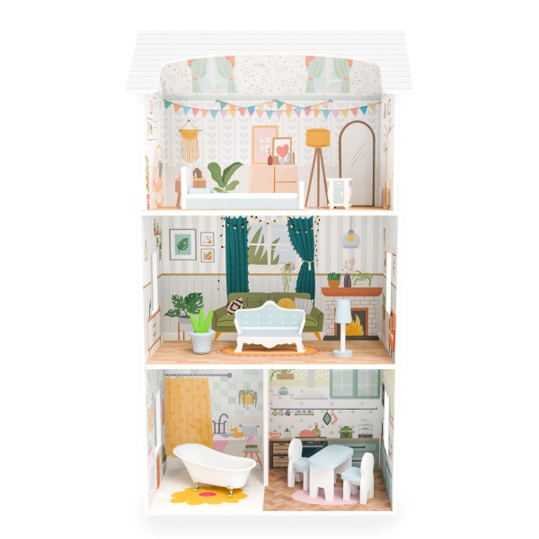 Casa de Papusi din Lemn, Moni Toys Colorat, 3 etaje, 9 piese de mobilier, Dimensiune 27x52x95 cm, Varsta recomandata 3 ani +