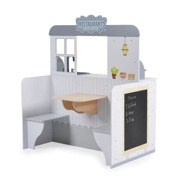 2in 1 Bucatarie din Lemn si Restaurant pentru Copii, Moni Toys Colorat, Design realist, accesorii incluse, Dimensiune 61,5x92,5x110 cm, Varsta 3 ani +