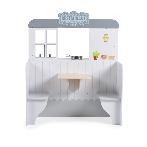 2in 1 Bucatarie din Lemn si Restaurant pentru Copii, Moni Toys Colorat, Design realist, accesorii incluse, Dimensiune 61,5x92,5x110 cm, Varsta 3 ani +