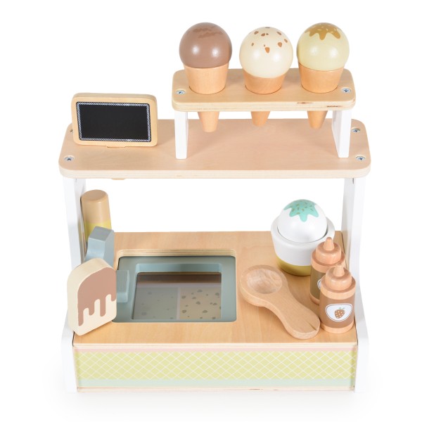 Jucarie Stand de Inghetata din Lemn pentru copii, Moni Toys Multicolor, 26 Piese, Dimensiune 27x17.5x24 cm, Varsta 3+ Ani