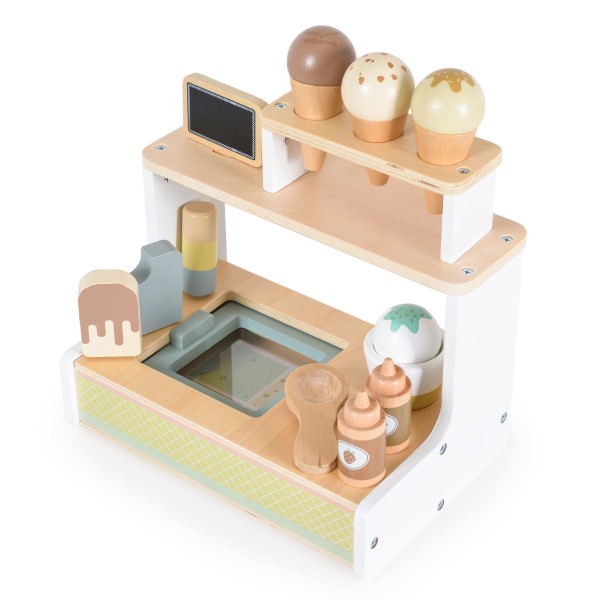 Jucarie Stand de Inghetata din Lemn pentru copii, Moni Toys Multicolor, 26 Piese, Dimensiune 27x17.5x24 cm, Varsta 3+ Ani