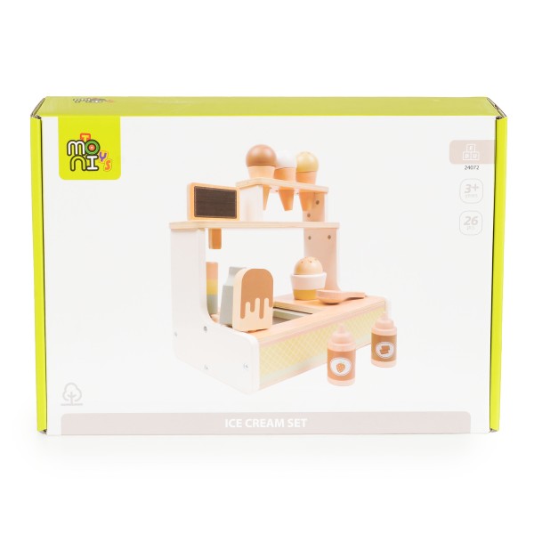 Jucarie Stand de Inghetata din Lemn pentru copii, Moni Toys Multicolor, 26 Piese, Dimensiune 27x17.5x24 cm, Varsta 3+ Ani