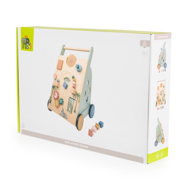 Antemergator din Lemn pentru Bebelusi, Moni Toys Multicolor, 9 Activitati, Dimensiune 33.5x33.5x49 cm