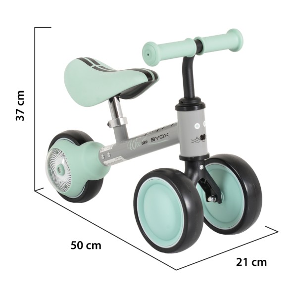 Bicicleta Tricicleta de Echilibru pentru copii, Byox Wee Verde, Roata spate cu lumina LED, Cauciuc silentios EVA, Varsta recomandata 1-3 ani