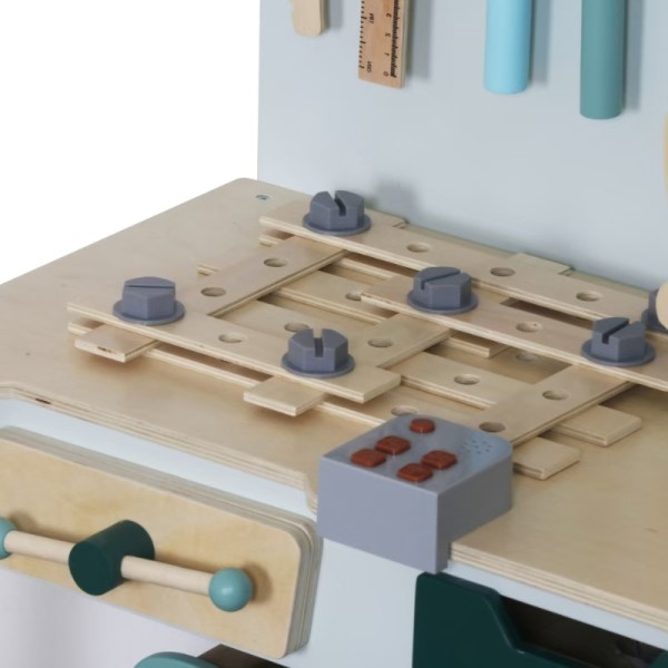Bancă de lucru din lemn pentru copii 3–6 ani Moni Toys – Set educativ cu unelte, angrenaje și tablă de desen