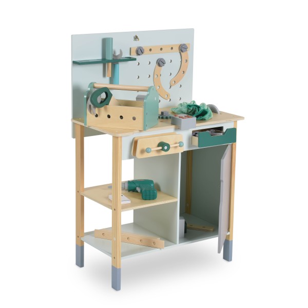 Bancă de lucru din lemn pentru copii 3–6 ani Moni Toys – Set educativ cu unelte, angrenaje și tablă de desen