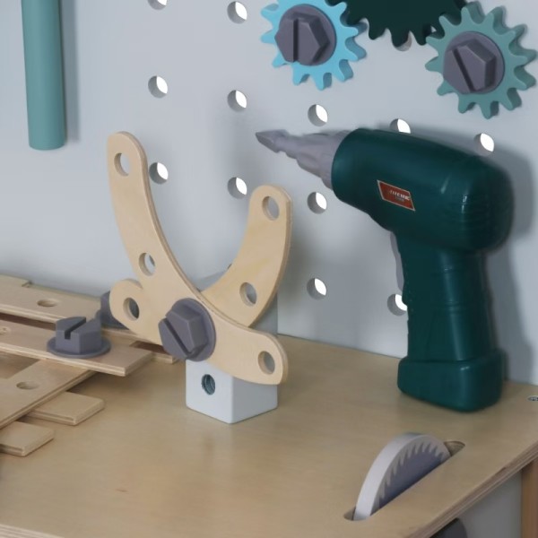 Bancă de lucru din lemn pentru copii 3–6 ani Moni Toys – Set educativ cu unelte, angrenaje și tablă de desen