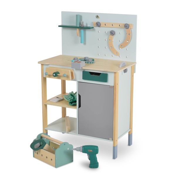 Bancă de lucru din lemn pentru copii 3–6 ani Moni Toys – Set educativ cu unelte, angrenaje și tablă de desen