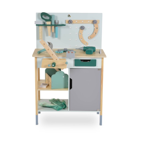 Bancă de lucru din lemn pentru copii 3–6 ani Moni Toys – Set educativ cu unelte, angrenaje și tablă de desen