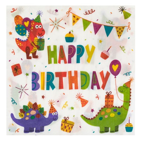 12 Servetele copii de Petrecere Happy Birthday cu doua straturi, Dinozaur multicolor, 33x33cm 