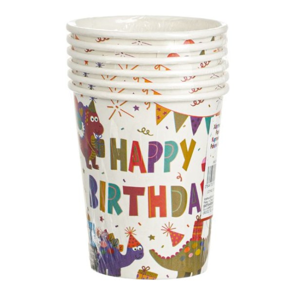 Set 6 Pahare din carton de Petrecere, 240 ml Happy Birthday Dinozaur multicolor