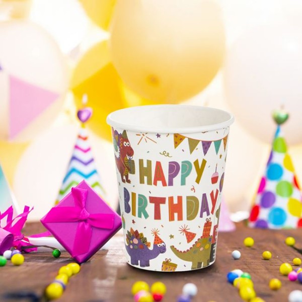 Set 6 Pahare din carton de Petrecere, 240 ml Happy Birthday Dinozaur multicolor