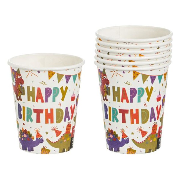 Set 6 Pahare din carton de Petrecere, 240 ml Happy Birthday Dinozaur multicolor