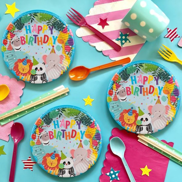 Set Petrecere Happy Birthday Animalute Colorate pentru 6 Copii, Fata de Masa, Servetele, Farfurii, Pahare, Furculite